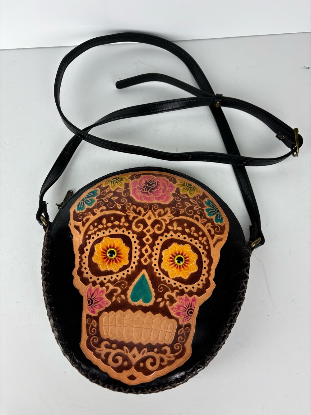 Hand-tooled Brown Leather Crossbody Bag w/ Painted Sugar Skull Design-EUC